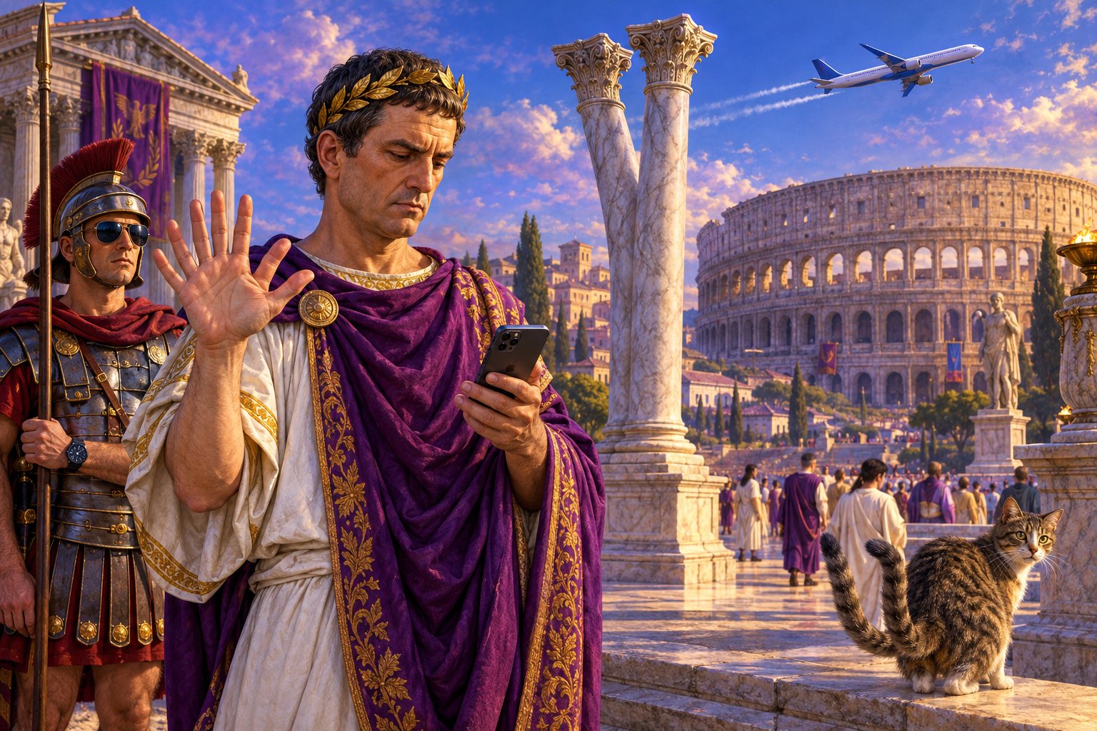Un empereur romain dans un forum antique, entouré de détails anachroniques