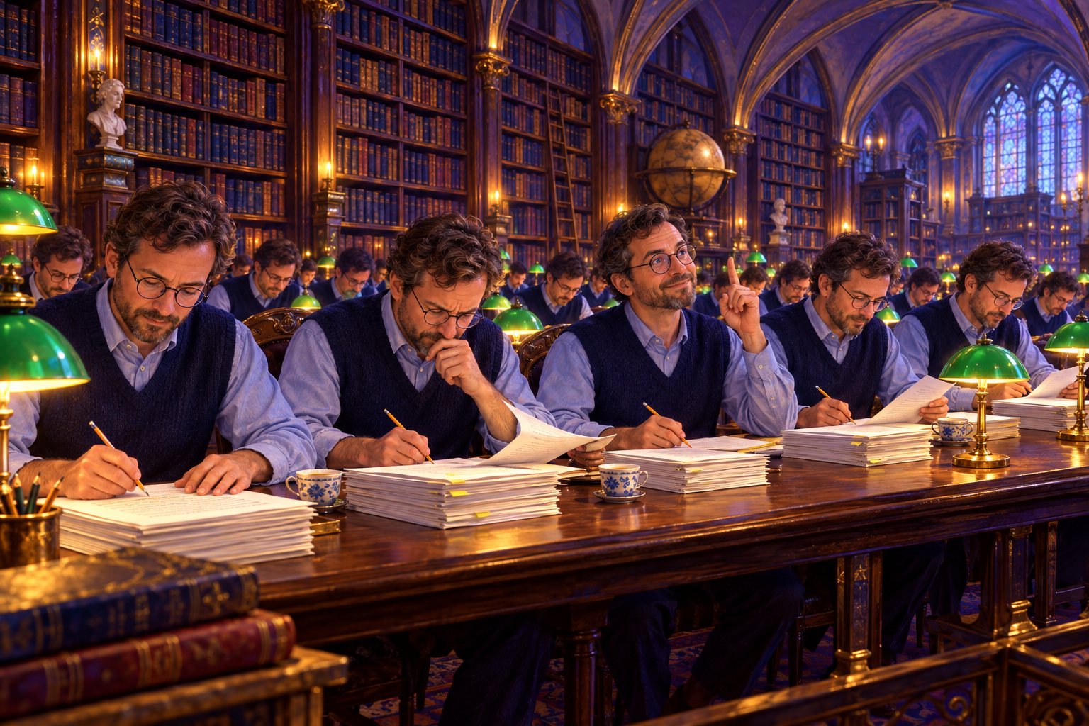 Une bibliothèque où une rangée de relecteurs identiques relit des pages, crayon en main